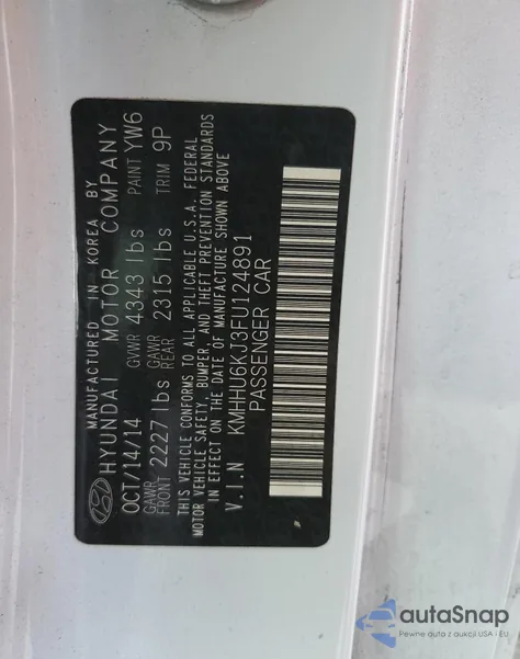 2015 Hyundai Genesis Coupe 3.8L z USA, uszkodzony, nr VIN KMHHU6KJ3FU124891